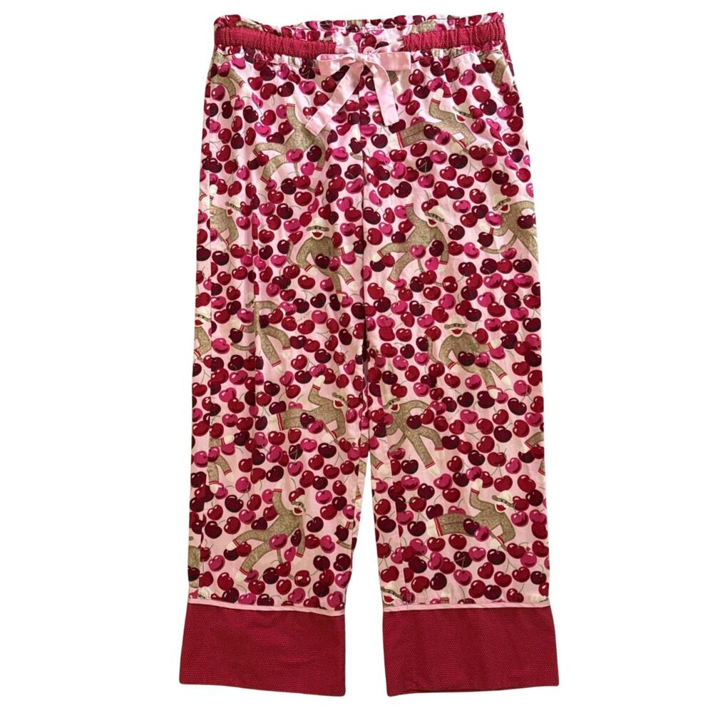 Nick & Nora Cherries Sock Monkey Pajama Pant Womens Sz L Pink Cotton Flannel VTG